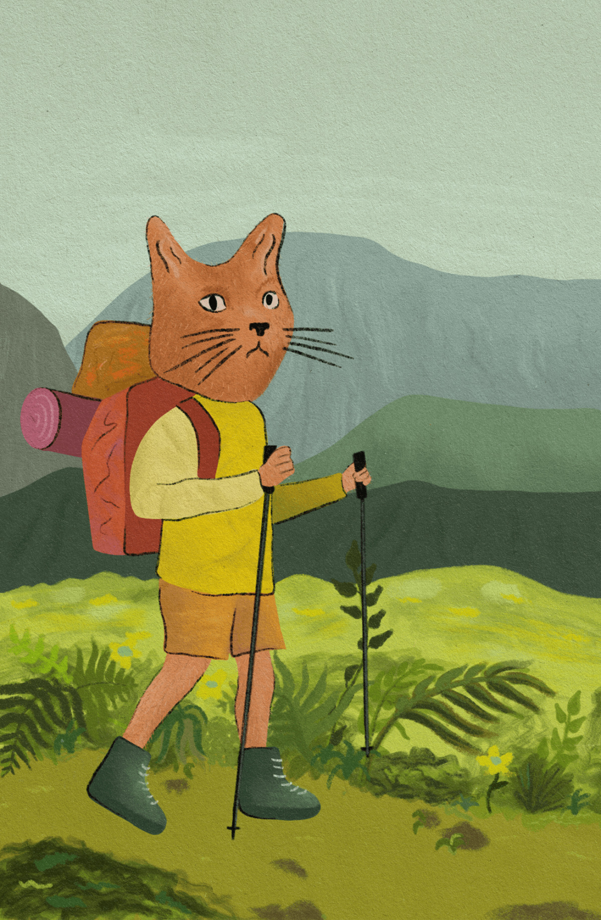An illustration of a cat with a backpack and hiking polls in front of a mountainscape