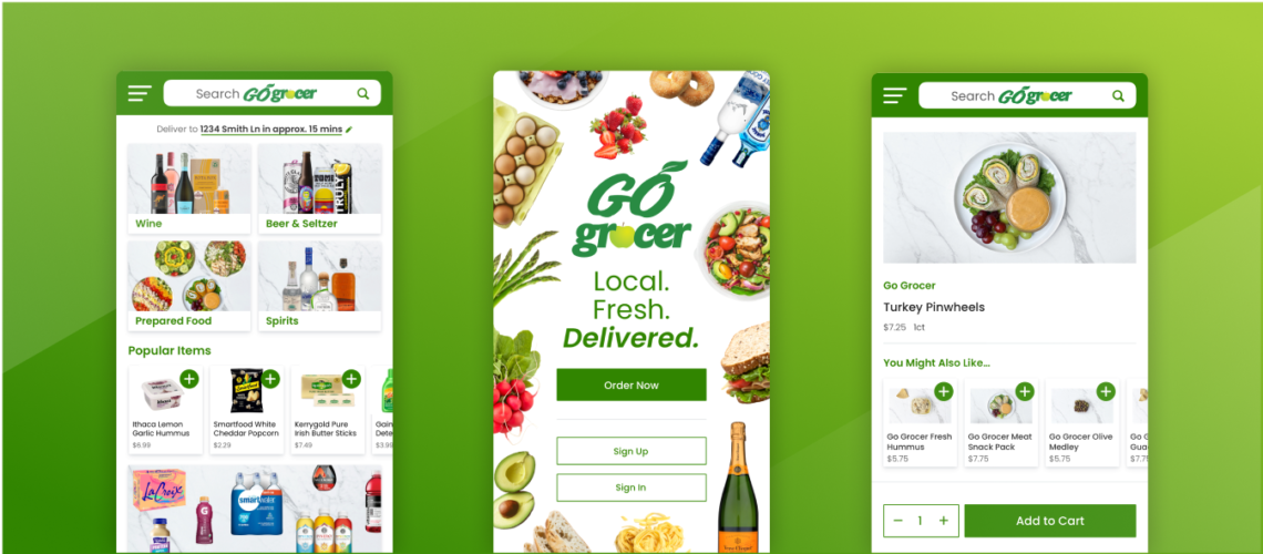 3 screenshots of the Go Grocer app on a green background