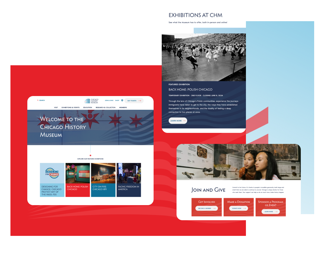 3 screenshots of the Chicago History Museum's website. The background is blue and red with various graphics.