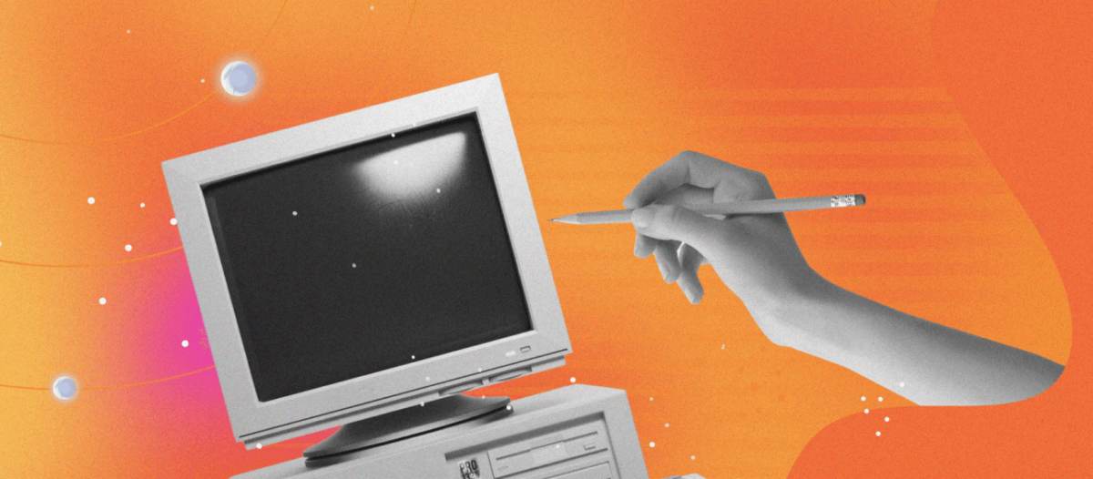 orange, space-themed graphic with a hand holding a pencil up to an old computer monitor.