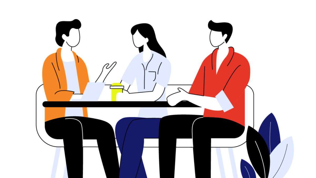 Simple, illustrated graphic of business partners sitting at a table and talking. The main colors are Blue, Red, and Orange. There is a plant illustration at the bottom of the graphic. 